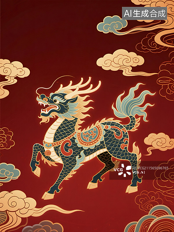 【AI数字艺术】红色背景上的中式麒麟祥云图案图片素材
