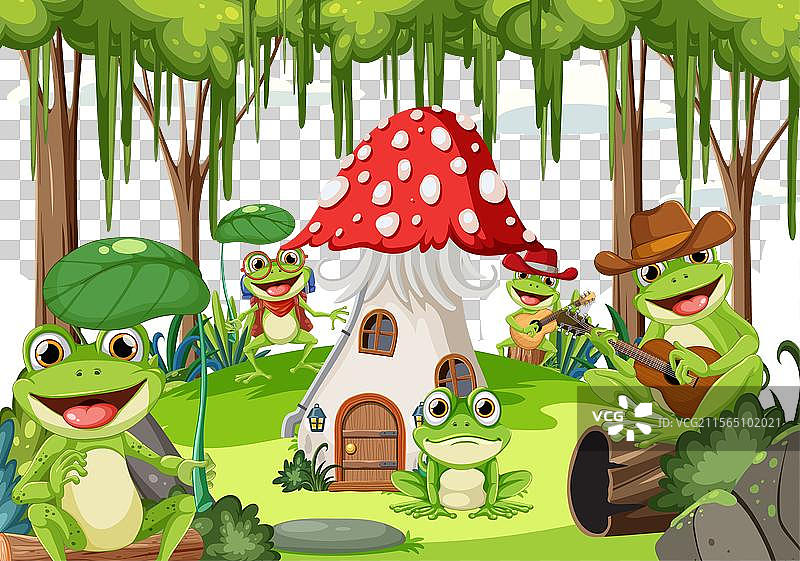 卡通青蛙在森林中的蘑菇屋附近图片素材
