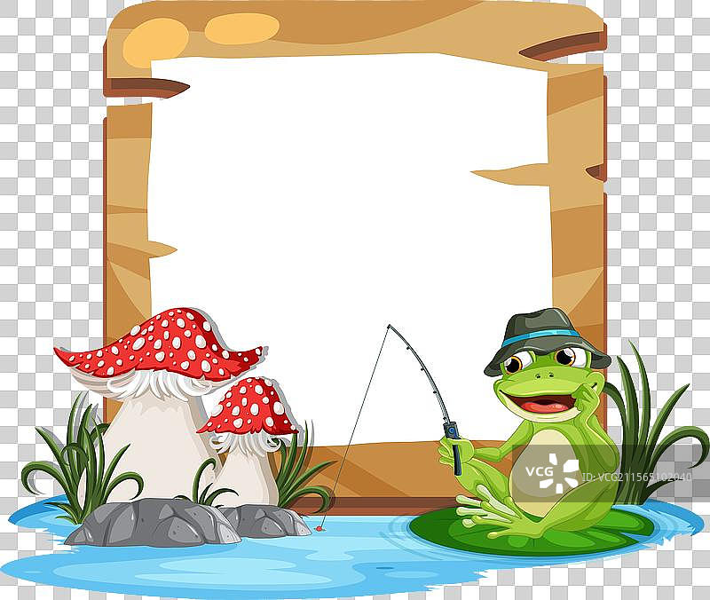 卡通青蛙在红色蘑菇旁边钓鱼图片素材