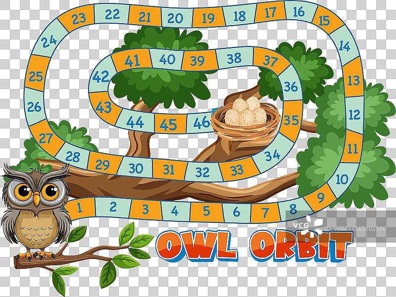 色彩斑斓的棋盘游戏轨道，配有猫头鹰和树木图片素材