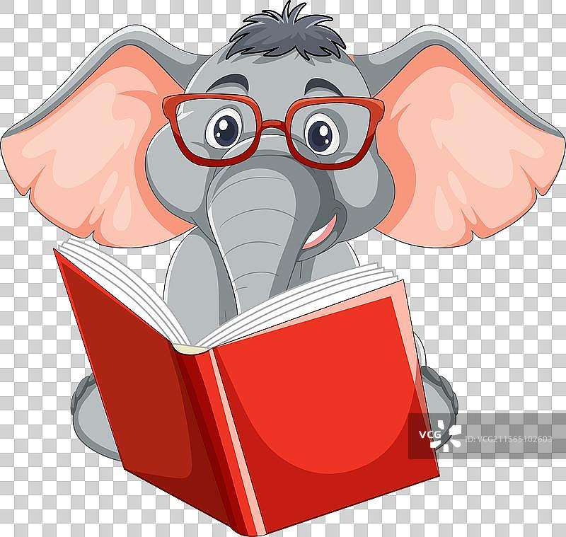 戴着眼镜的卡通大象在阅读一本书图片素材