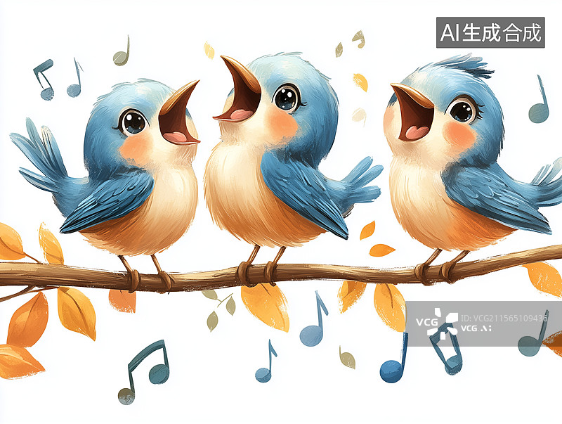 【AI数字艺术】树枝上的小鸟在开心的唱歌图片素材