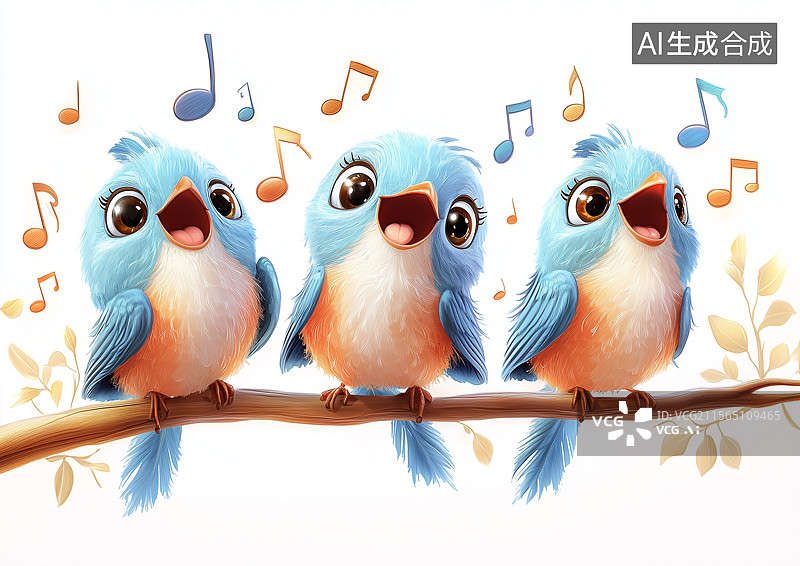 【AI数字艺术】树枝上的小鸟在开心的唱歌图片素材
