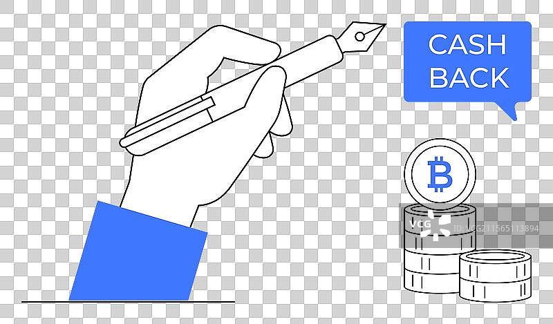 手握笔与比特币堆和现金返还图片素材