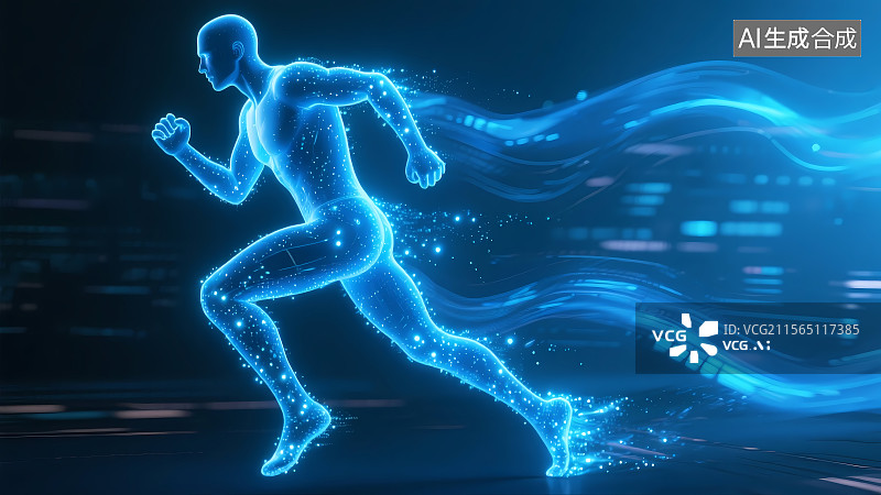 【AI数字艺术】奔跑的蓝色粒子人科技抽象壁纸背景图片素材