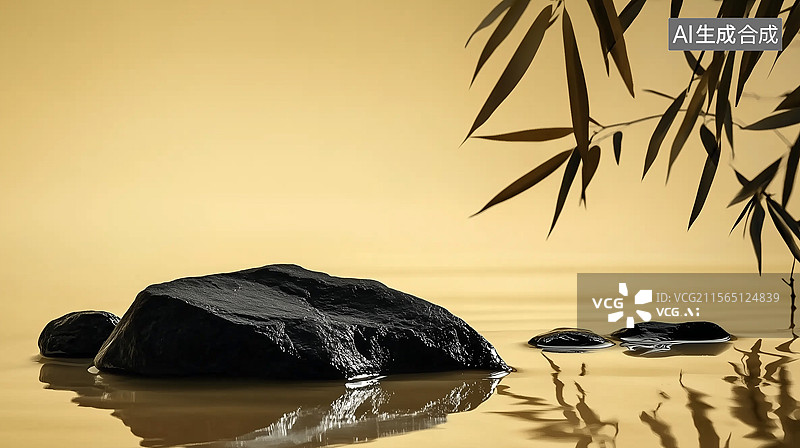 【AI数字艺术】淡黄色岩石和竹子叶背景图片素材