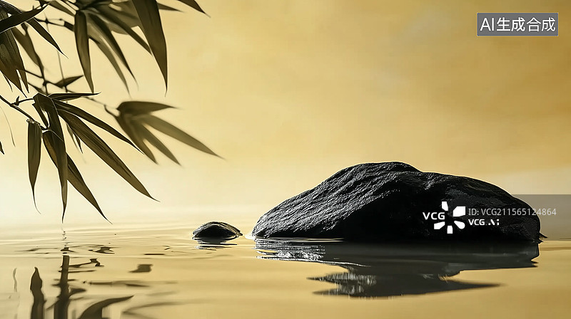 【AI数字艺术】淡黄色岩石和竹子叶背景图片素材