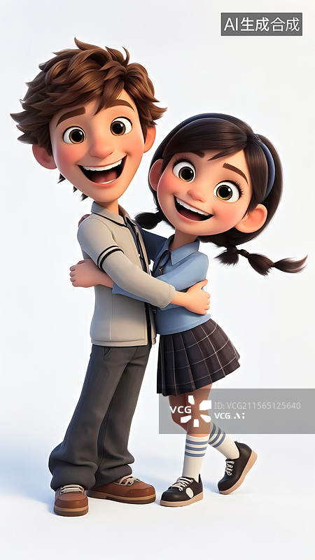 【AI数字艺术】3D卡通风格的男生女生拥抱插画图片素材