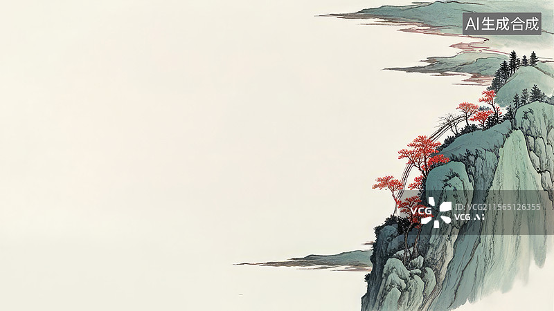 【AI数字艺术】水墨画居右1山崖上的红树图片素材