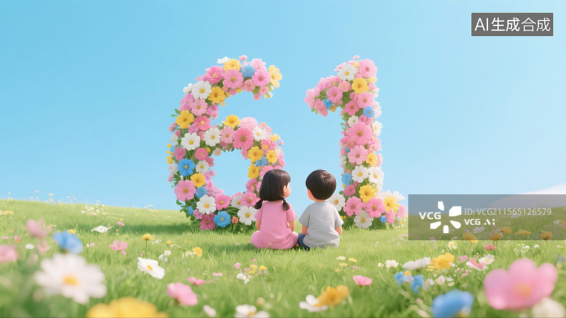 【AI数字艺术】花朵组成的六一儿童节海报 两个孩子背影 卡通动漫图片素材