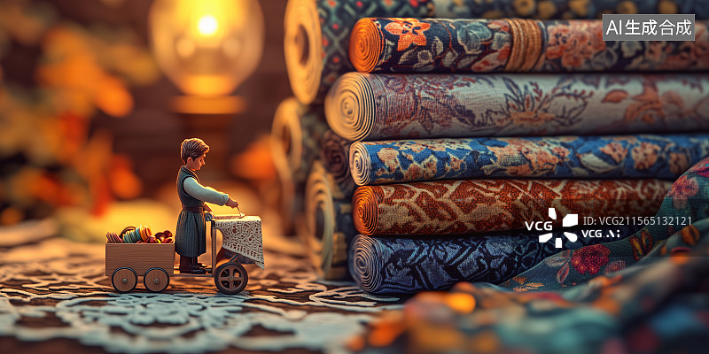 【AI数字艺术】微型人物在布料市场中挑选花纹布料温馨插画艺术图片素材
