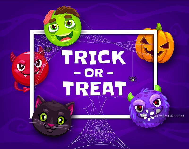 万圣节表情符号和“不给糖就捣蛋”节日边框图片素材