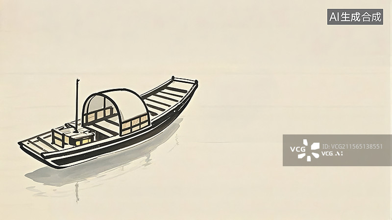 【AI数字艺术】水墨画居左1传统木船在平静水面上图片素材
