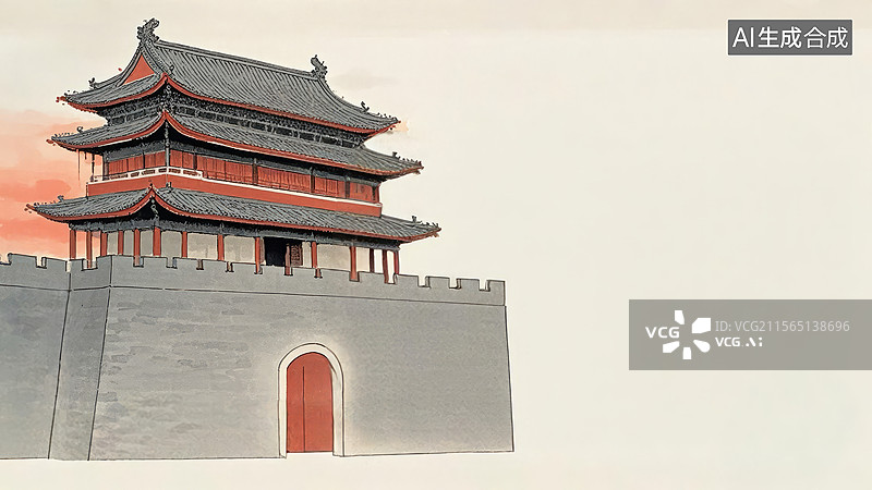 【AI数字艺术】水墨画居左1中国古代建筑风格的城墙和塔楼图片素材