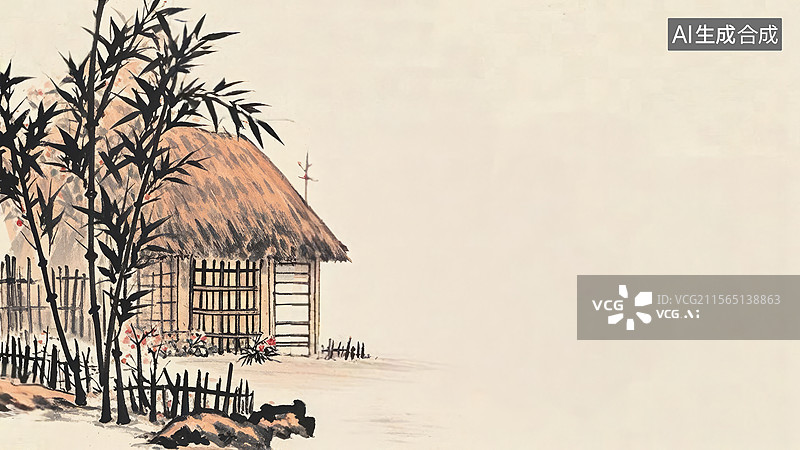 【AI数字艺术】水墨画居左1茅草屋与竹林图片素材