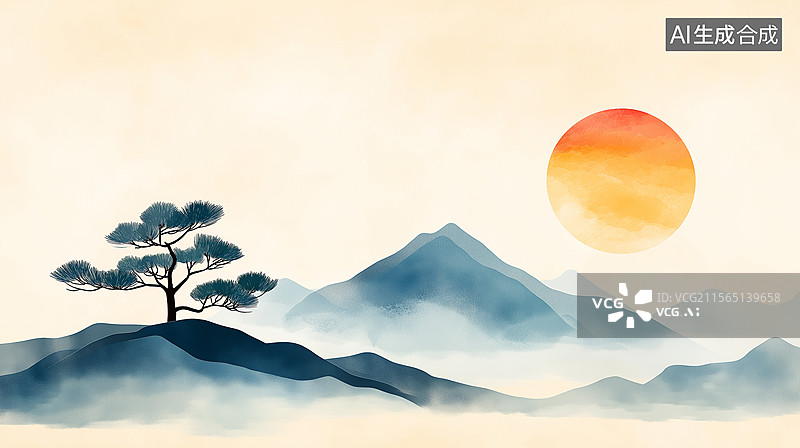 【AI数字艺术】水墨山峦松树日出意境图图片素材