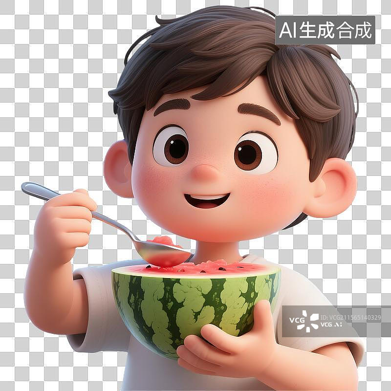 【AI数字艺术】3D建模的挖西瓜小男孩卡通形象图片素材