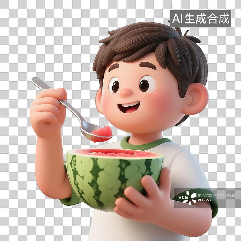 【AI数字艺术】3D建模的挖西瓜小男孩卡通形象图片素材