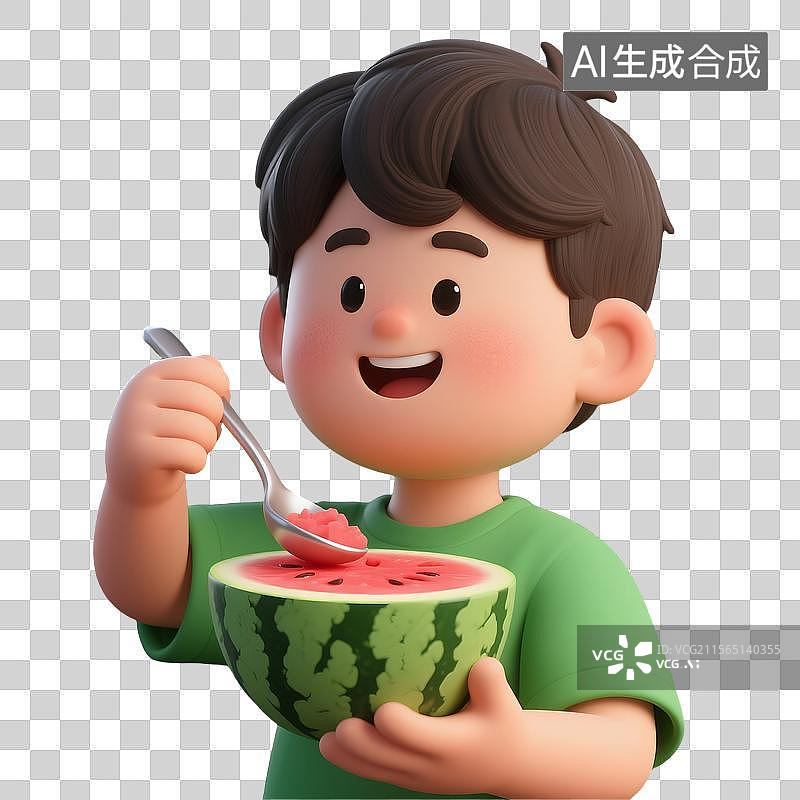 【AI数字艺术】3D建模的挖西瓜小男孩卡通形象图片素材