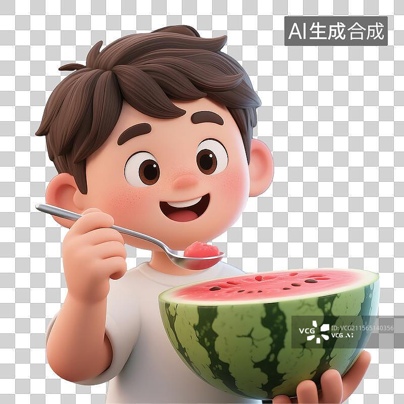 【AI数字艺术】3D建模的挖西瓜小男孩卡通形象图片素材