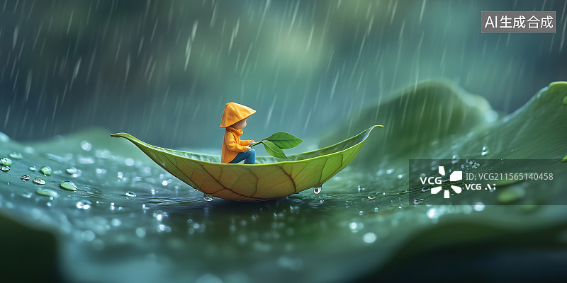 【AI数字艺术】雨中航行香蕉船小人创意摄影插图图片素材