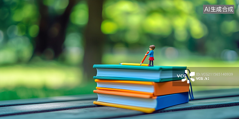 【AI数字艺术】学生小人书籍堆上学习场景插画图片素材