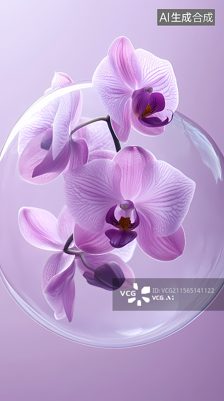 【AI数字艺术】紫色兰花在透明球体中图片素材