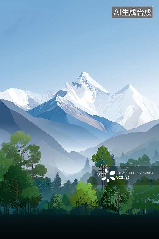 【AI数字艺术】雪山森林景观图片素材