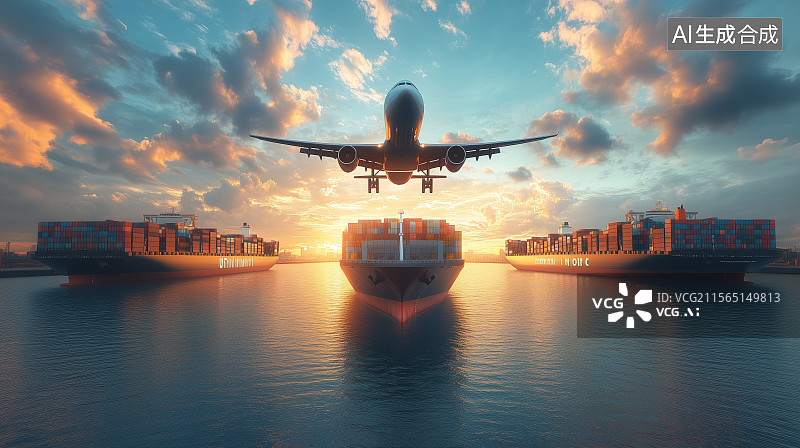 【AI数字艺术】飞机飞越货船的物流场景图片素材