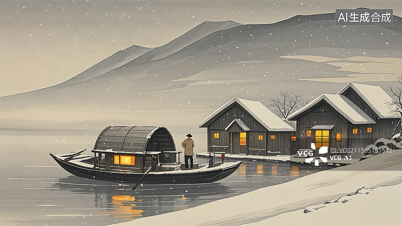 【AI数字艺术】雪夜湖畔的木屋与小船图片素材