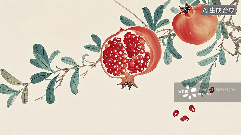 【AI数字艺术】石榴果实与枝叶的绘画图片素材
