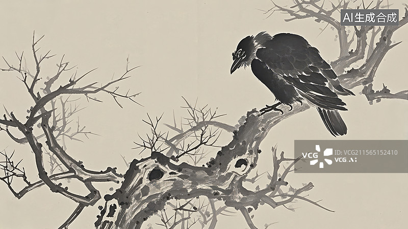 【AI数字艺术】乌鸦栖息在枯枝上图片素材