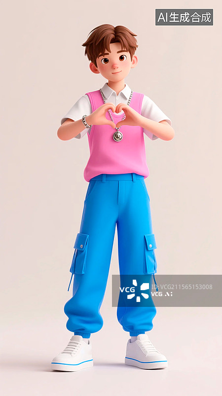 【AI数字艺术】3D双手比心姿势的夏季潮流服装时尚男孩图片素材