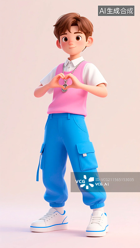 【AI数字艺术】3D双手比心姿势的夏季潮流服装时尚男孩图片素材