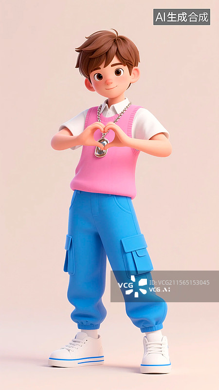 【AI数字艺术】3D双手比心姿势的夏季潮流服装时尚男孩图片素材