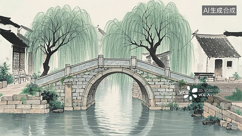 【AI数字艺术】江南水乡石桥柳树图图片素材