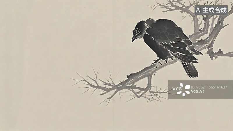 【AI数字艺术】水墨画右上1乌鸦栖息在枯枝上图片素材