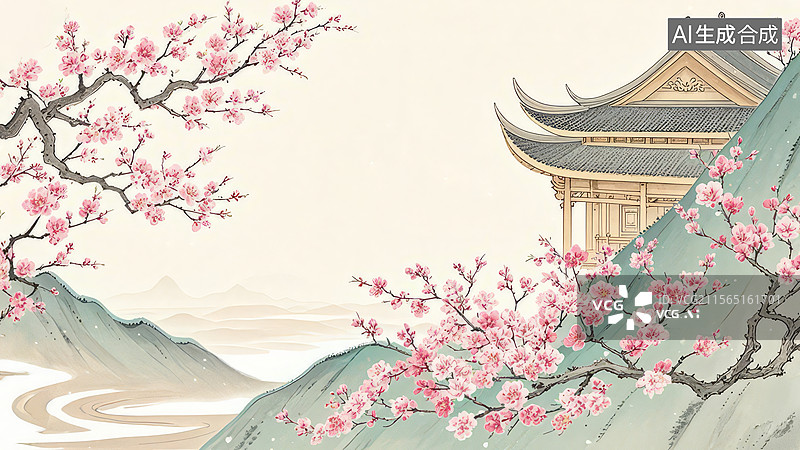 【AI数字艺术】水墨画最大1樱花盛开的山间古建筑图片素材