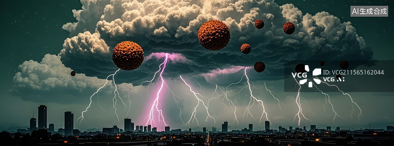 【AI数字艺术】城市上空的雷暴与奇异球体图片素材