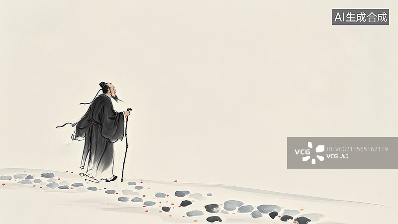 【AI数字艺术】水墨画左下1古代文人独自行走于石径之上图片素材