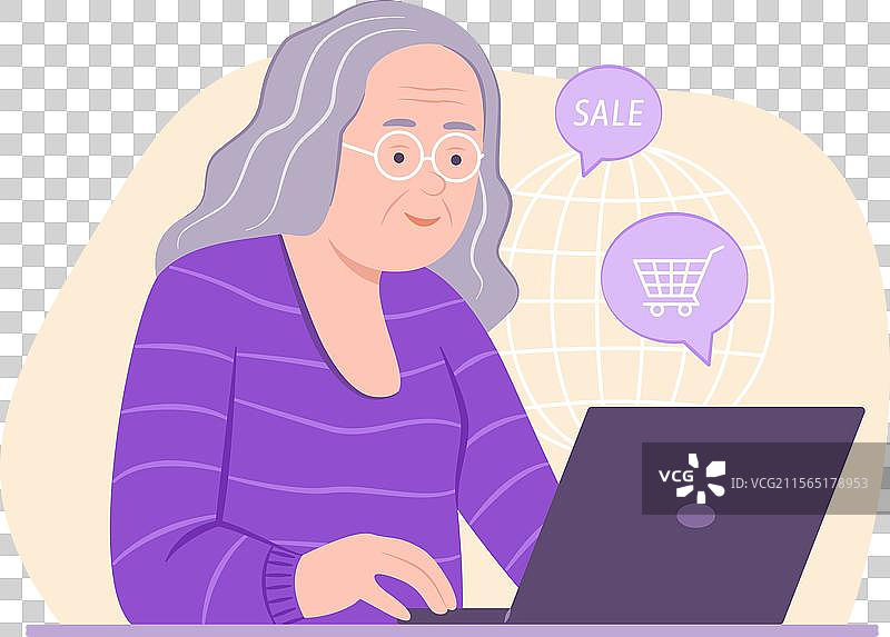 老年女性在笔记本电脑上进行网上购物图片素材