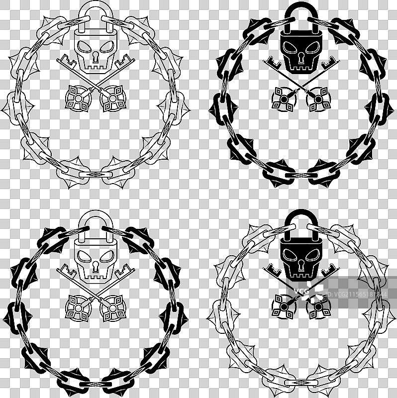 骷髅形状的挂锁，配有钥匙和链条图片素材