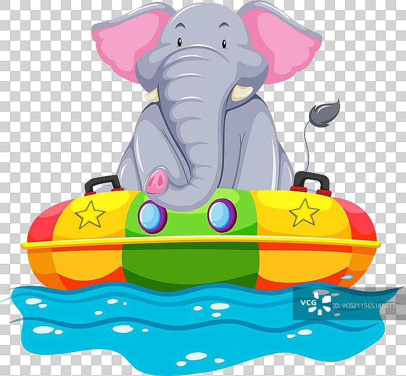 卡通大象在五彩斑斓的充气船上图片素材