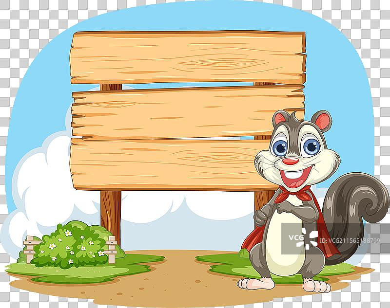 卡通松鼠站在木制招牌旁边图片素材