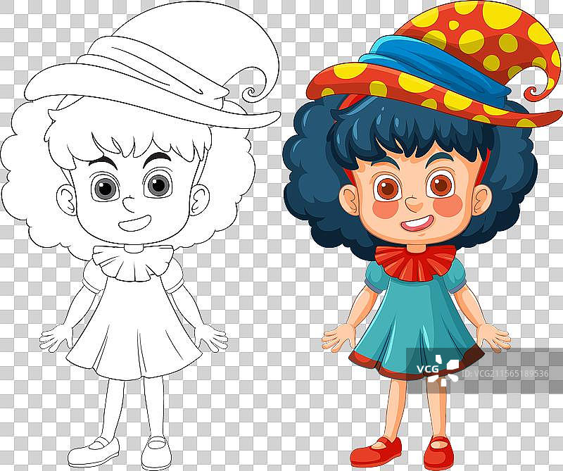 可爱的女小丑，戴着五彩斑斓的帽子和裙子图片素材