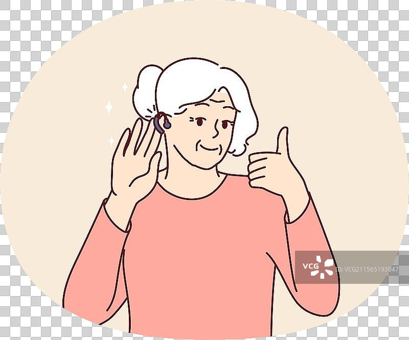 戴着助听器的老年女性竖起大拇指。图片素材