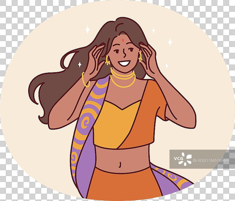 穿着印度传统纱丽服装的女性，配有金色装饰图片素材