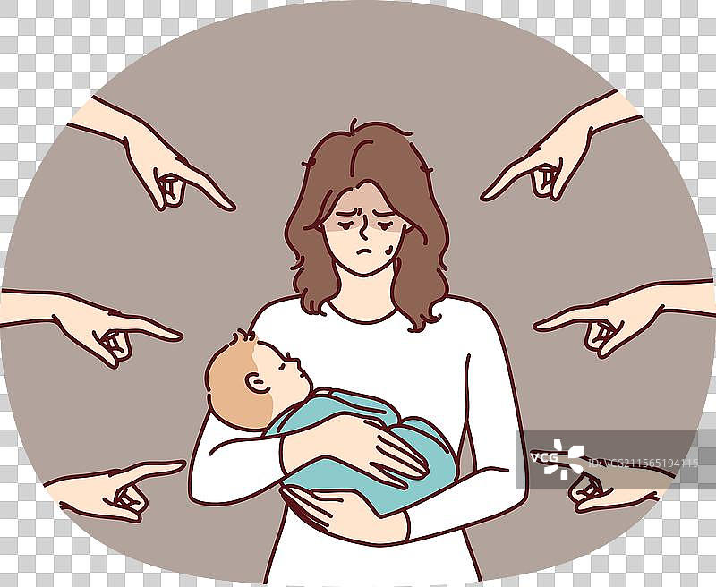 年轻母亲怀抱着婴儿，感到羞愧因为图片素材