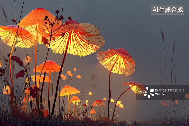【AI数字艺术】发光的蘑菇在黄昏中绽放图片素材