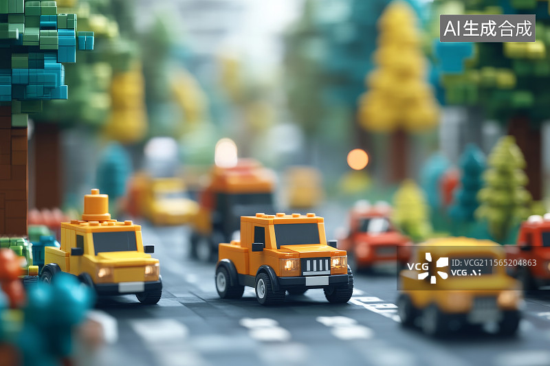 【AI数字艺术】玩具卡车在城市街道上的场景图片素材